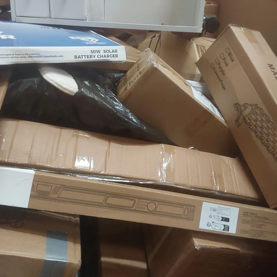 PALLET CONTAINING A LARGE QUANTITY OF ASSORTED ITEMS INCLUDING: PORTABLE CABINET, SOLAR BATTERY CHARGER, EXERCISE ROLLER ECT