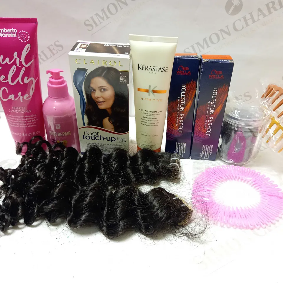 LOT OF APPROX 10 ASSORTED HAIR PRODUCTS TO INCLUDE HAIR REPAIR CREAM, POLISHING NOURISHING MILK, DARK BROWN CURLY TAPE EXTENSIONS, ETC