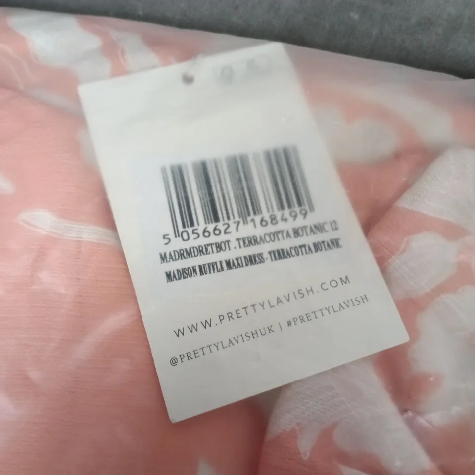 PRETTY LAVISH MADISON RUFFLE MAXI DRESS – TERRACOTTA BOTANICAL PRINT, UK 12