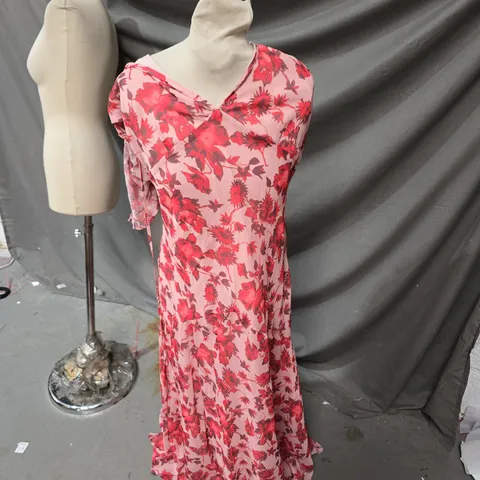 TOPSHOP FLORAL MAXI DRESS – PINK WITH RED FLOWERS (UK 16)
