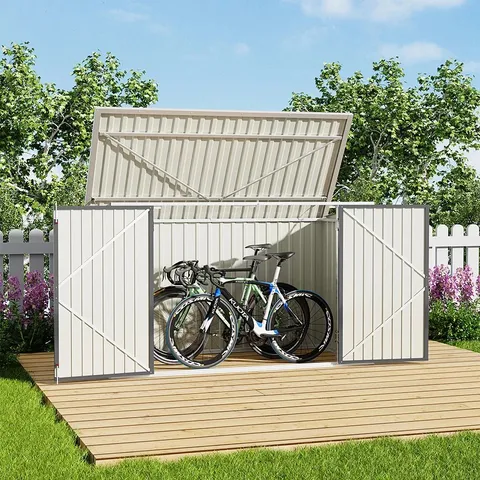 BOXED ASLEE 7FT W x 3FT D PENT METAL BIKE SHED - FITS 3 BIKES - GREY (2 BOXES)