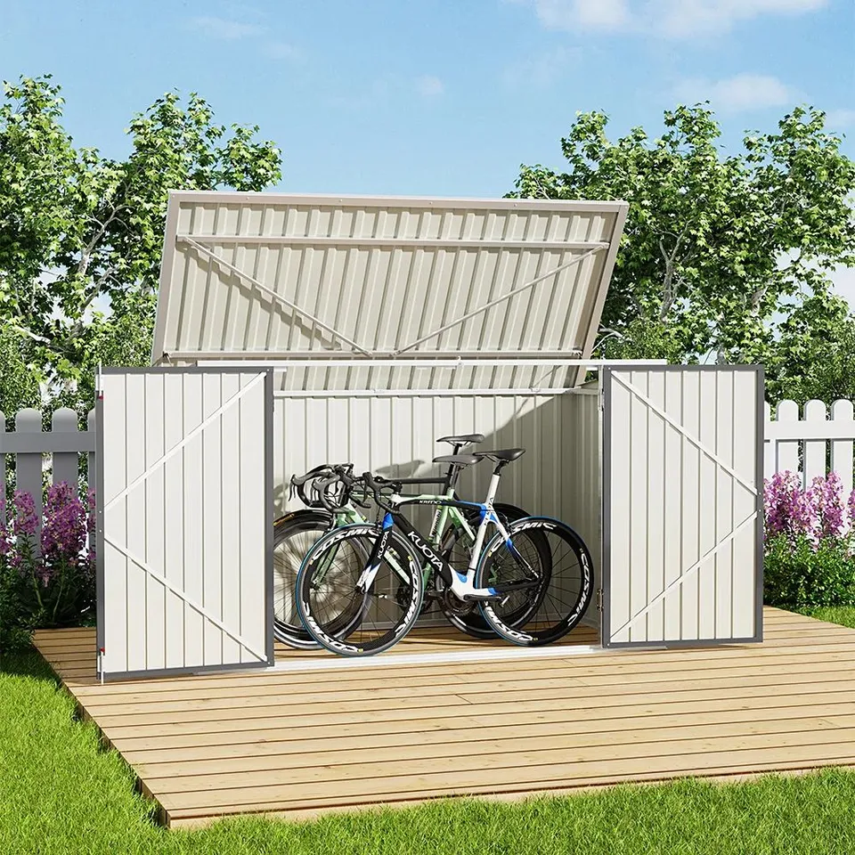 BOXED ASLEE 7FT W x 3FT D PENT METAL BIKE SHED - FITS 3 BIKES - GREY (2 BOXES)