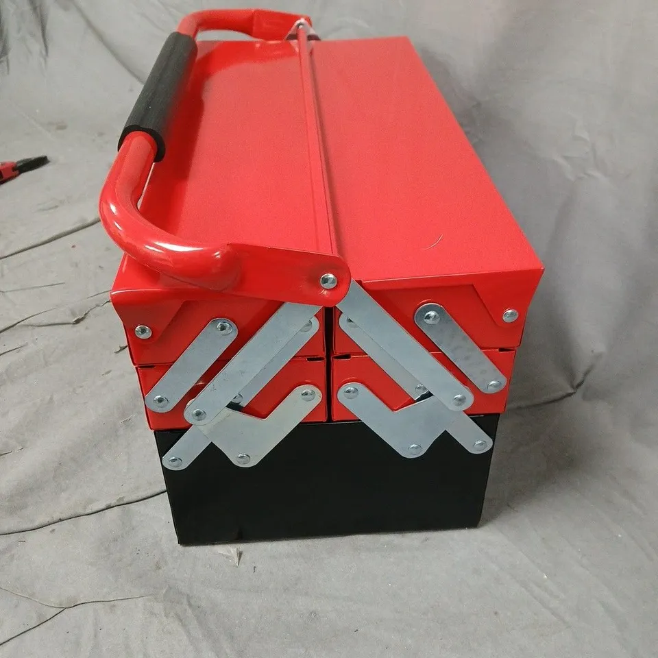RED AND BLACK PORTABLE TOOLBOX WITH FOLD-OUT SUPPORT LEGS