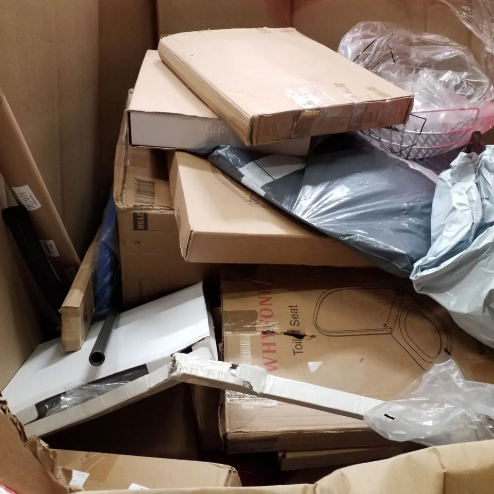 PALLET OF ASSORTED PRODUCTS INCLUDING TOILET SEAT, GYM PLAY MAT, MDF FRAME BLACK BOARD, HAND SAW, FOOD PROCESSOR, ROLLER SHADE 