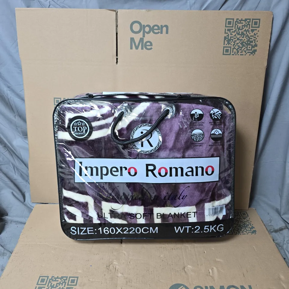 IMPERO ROMANO ULTRA SOFT BLANKET – PURPLE ZEBRA PRINT, 160 X 220 CM