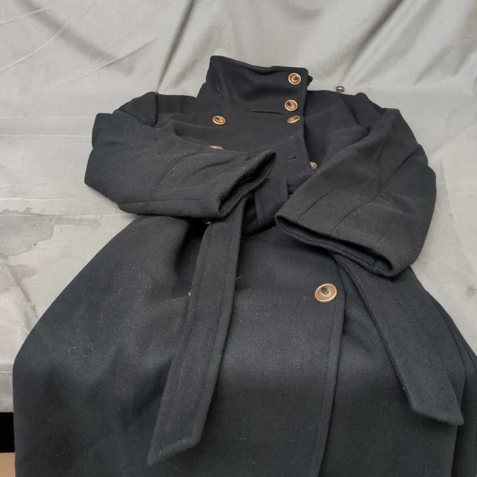 WALLIS WOMEN’S BLACK COAT, UK 14 (EU 42, US 10) BELTED WITH WOODEN BUTTONS