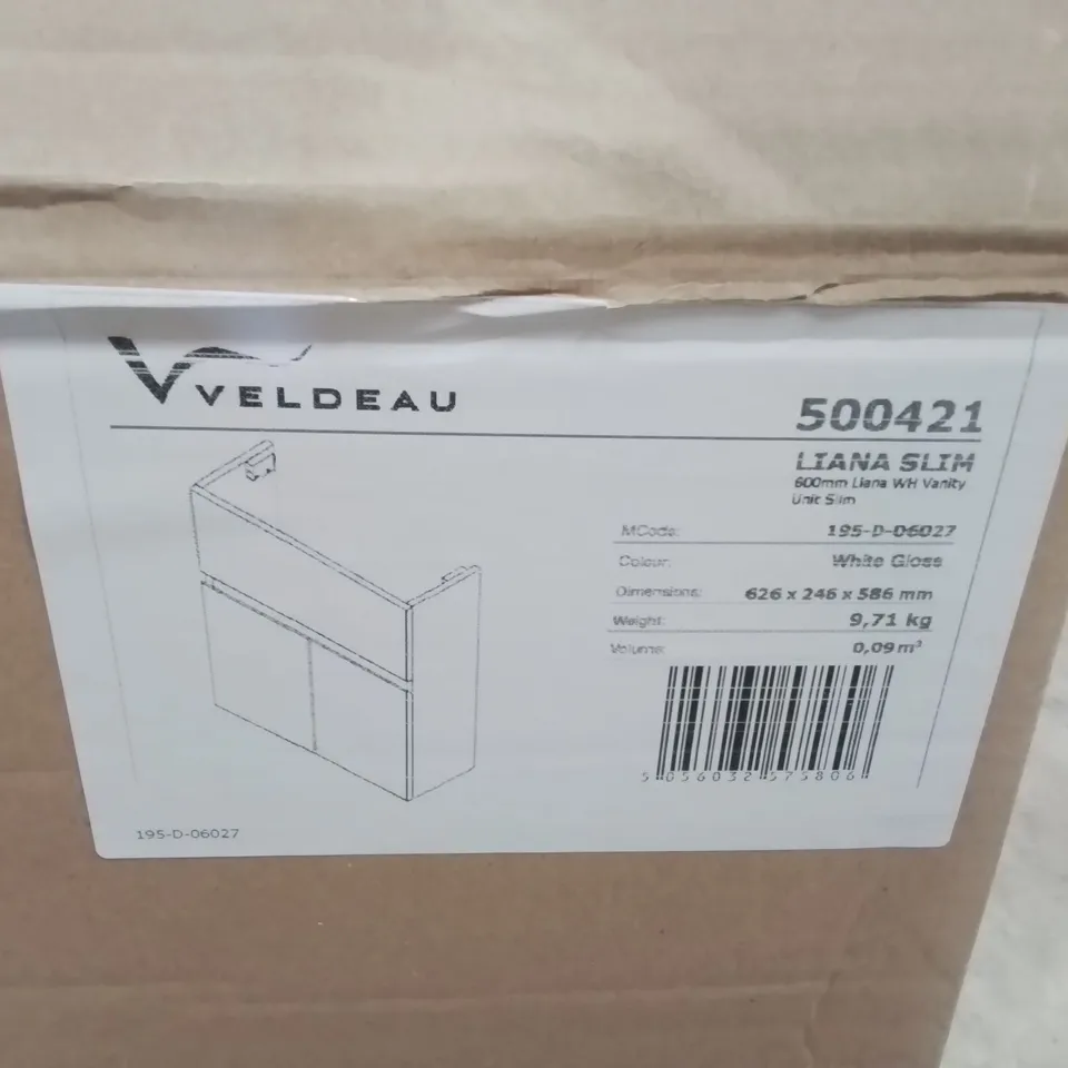 BOXED AS NEW VELDEAU LIANA 600MMWH VANITY UNIT ULTRA SLIM - 626X246X586MM