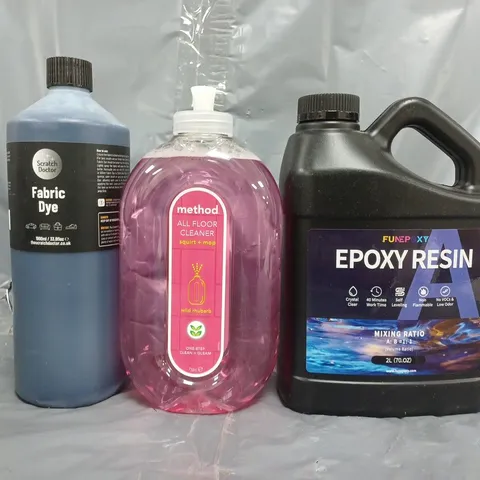 APPROXIMATELY 10 ASSORTED HOUSEHOLD ITEMS TO INCLUDE EPOXY RESIN, FLOOR CLEANER, FABRIC DYE, ETC - COLLECTION ONLY