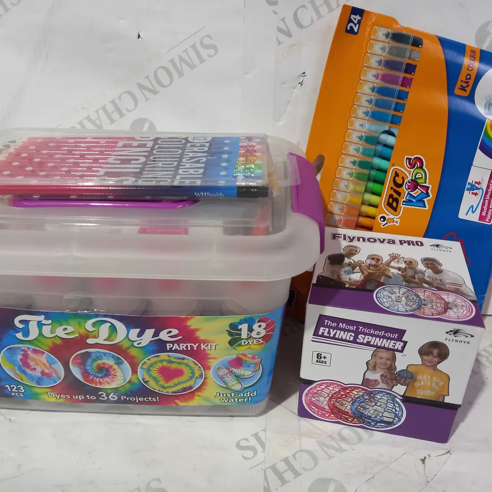 BOX OF APPROXIMATELY 10 ASSORTED TOYS AND GAMES TO INCLUDE BIC KIDS PENS, TIE DYE PARTY KIT, FLYNOVA FLYING SPINNER, ETC