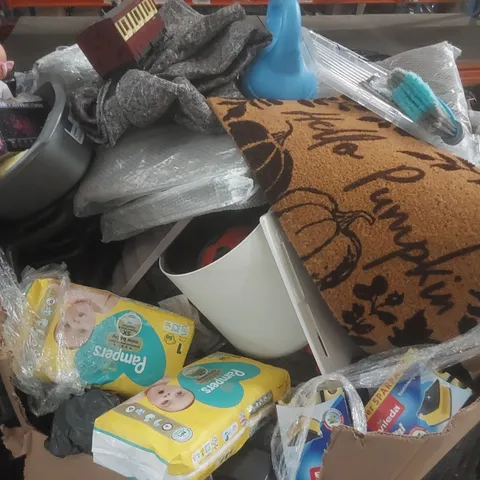 PALLET CONTAINING A VERY LARGE QUANTITY OF ASSORTED CONSUMER PRODUCTS INCLUDING: PAMPERS NAPPIES, BABY DOLL, FOAM FOOTBALL, DOORMAT ECT