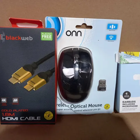 BOX OF APPROXIMATELY 10 ASSORTED ELECTRICAL ITEMS TO INCLUDE BLACKWEB HDMI CABLE, ONN OPTICAL MOUSE, ASDA TECH EARBUDS, ETC