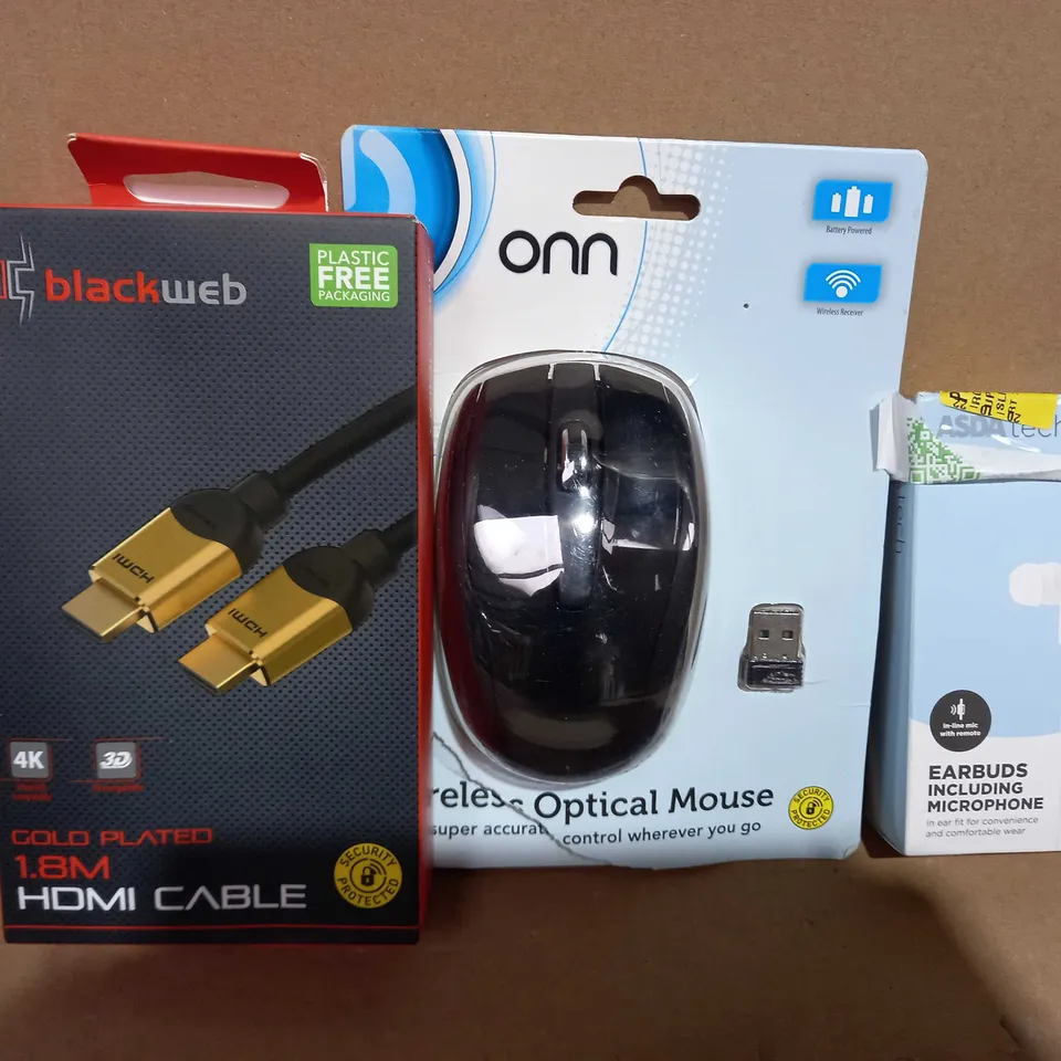 BOX OF APPROXIMATELY 10 ASSORTED ELECTRICAL ITEMS TO INCLUDE BLACKWEB HDMI CABLE, ONN OPTICAL MOUSE, ASDA TECH EARBUDS, ETC