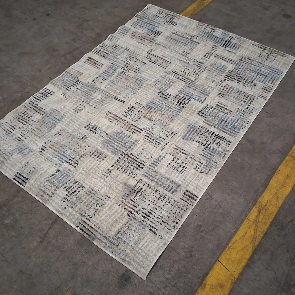 RUG – PATCHWORK DESIGN, LIGHT GREY AND BLUE TONES APPROXIMATELY 120×170CM