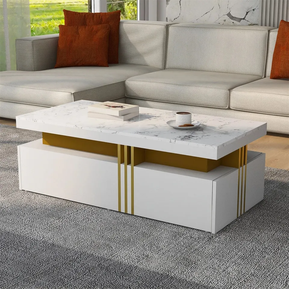 BOXED MODERN WHITE RECTANGULAR COFFEE TABLE WITH 2 STORAGE DRAWERS FOR LIVING ROOM