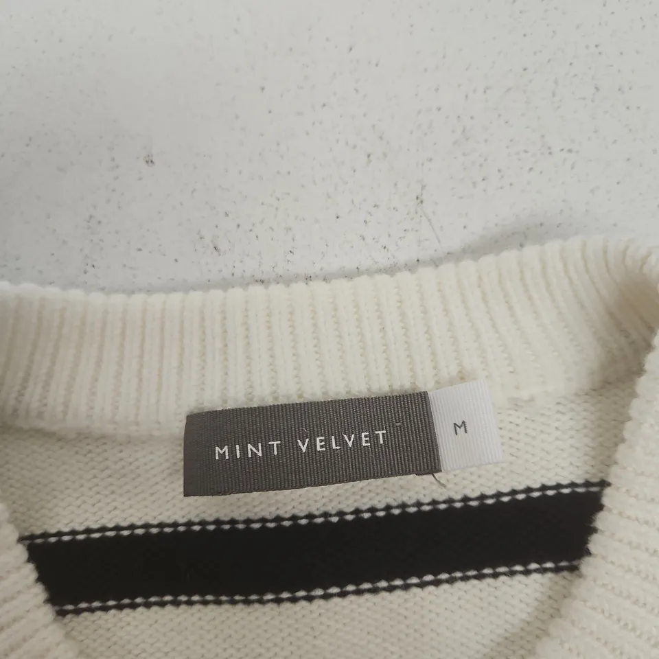 MINT VELVET STRIPED CARDIGAN, WHITE WITH BLACK STRIPES, SIZE M
