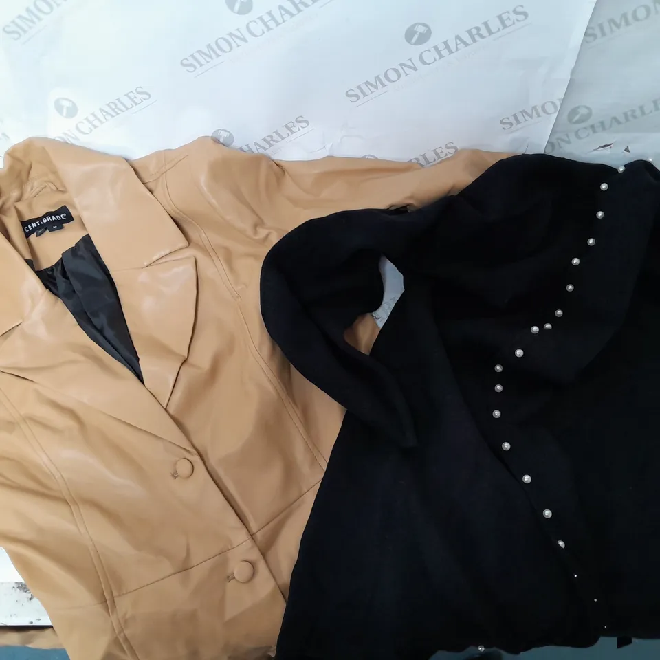 A BOX OF 6 ITEMS OF CLOTHING TO INCLUDE A BROWN FAUX LEATHER JACKET AND A BLACK CARDIGAN WITH PEARL TRIM 