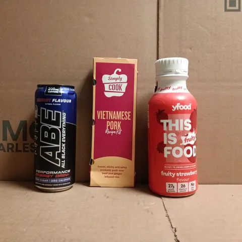 APPROXIMATELY 10 ASSORTED FOOD AND DRINK ITEMS TO INCLUDE ABE, YFOOD, SIMPLY COOK, ETC