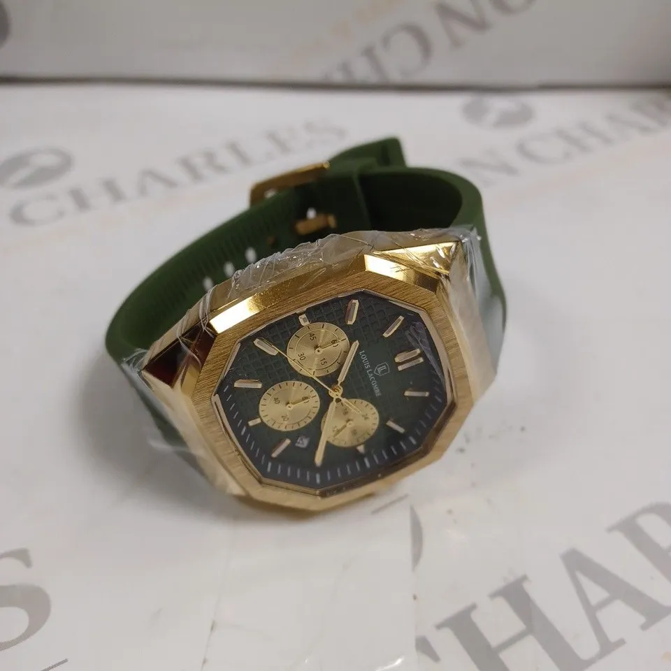 MENS LOUIS LACOMBE CHRONGRAPH WATCH – 3 SUB DIALS – GOLD COLOUR CASE – GREEN RUBBER STRAP