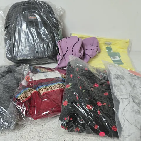 BOX OF APPROX 20 ASSORTED CLOTHING ITEMS TO INCLUDE BAGS, JUMPERS, TOPS, ETC