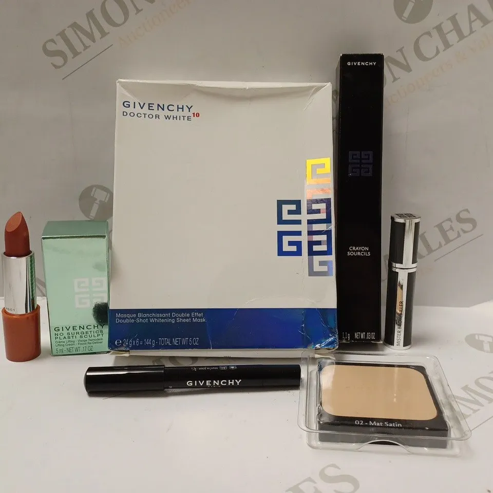 BOX OF APPROX 20 ASSORTED GIVENCHY PRODUCTS TO INCLUDE LIPSTICK #GOLD BROWN, EYEBROW PENCIL #BLONDE, MR BROW FILLER #GRANITE, ETC 
