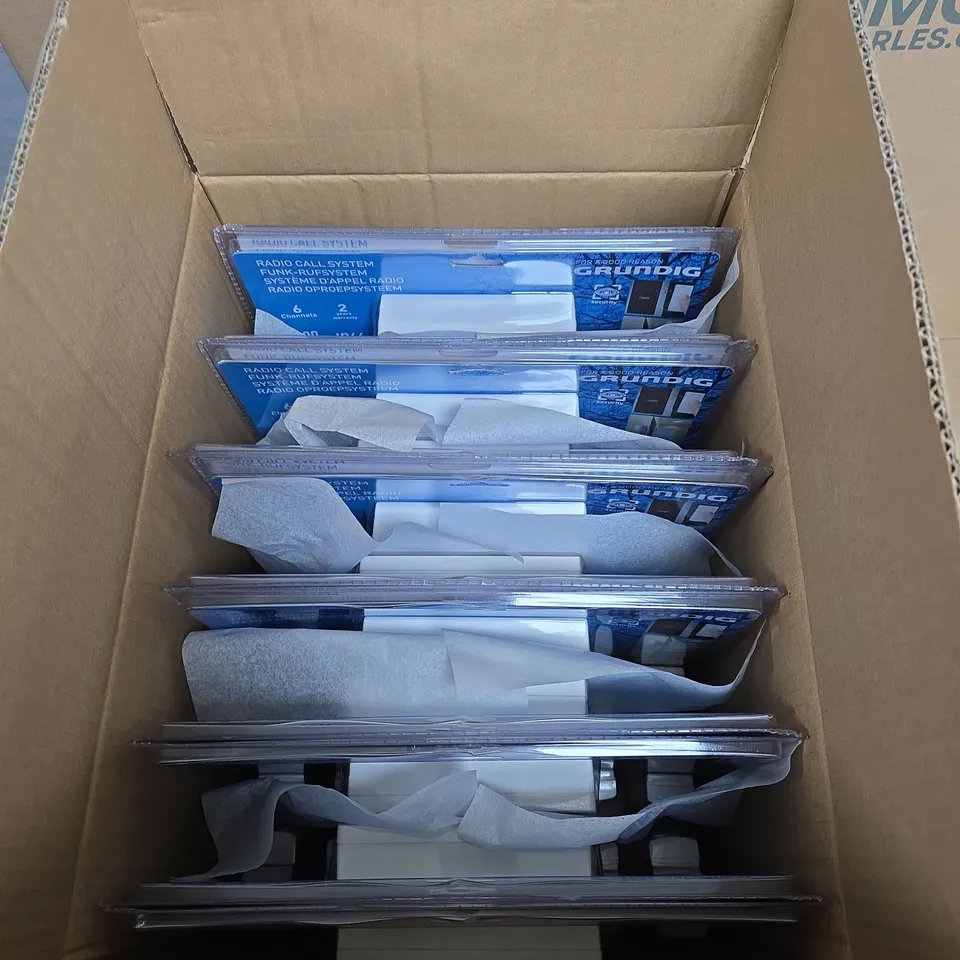 BOX OF APPROX 12 GRUNDIG RADIO CALL SYSTEM – (6-CHANNEL WIRELESS INTERCOM KIT - BASE UNIT + 6 TRANSMITTERS) - COLLECTION ONLY 