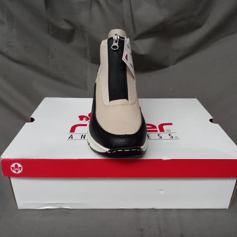 BOXED PAIR OF RIEKER HI TOP TRAINERS IN BEIGE SIZE 6.5