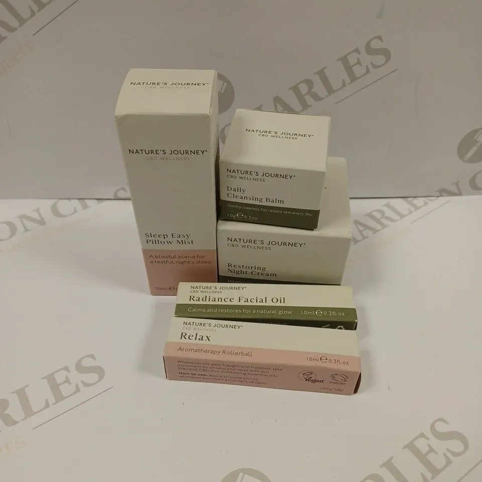 LOT OF 5 ASSORTED NATURE'S JOURNEY CBD WELLNESS PRODUCTS TO INCLUDE FACIAL OI, SLEEP EASY PILLOW MIST, DAILY CLEANSING BALM, NIGHT CREAM, AROMATHERAPY ROLLERBALL