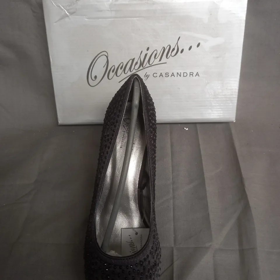 BOXED PAIR OF OCCASIONS BY CASANDRA BLACK SATIN STUDDED HEELS SIZE 7