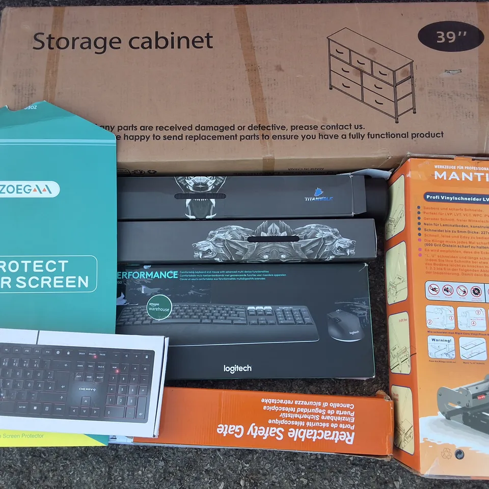 PALLET OF ASSORTED HOUSEHOLD ITEMS TO INCLUDE 39" STORAGE CABINET,VINYL VUTTER AND VARIOUS KEYBOARDS INCLUDING CHERRY
