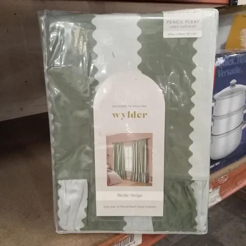 BAGGED WYLDER BIRDIE STRIPE PENCIL PLEAT LINED CURTAINS - GREEN // SIZE: 229cm x 229cm