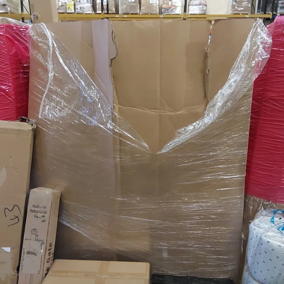 PALLET OF ASSORTED ITEMS INCLUDING: AIR FRYER, OFFICE CHAIR, RETRACTABLE GATE, LOG RACK, BLANKET 