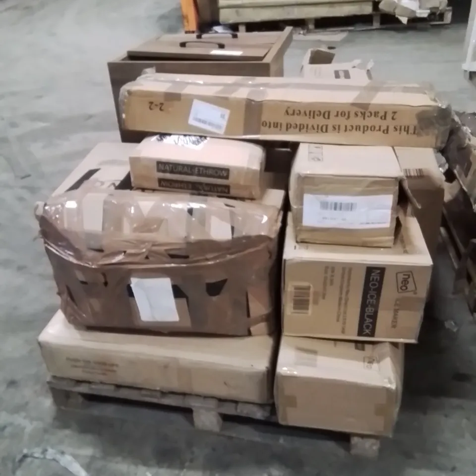 PALLET OF ASSORTED HOUSEHOLD GOODS AND PRODUCTS TO INCLUDE:HEATED BLANKET,BEDSIDE TABLE,NEO CONE MACHINE,GAZEBO 