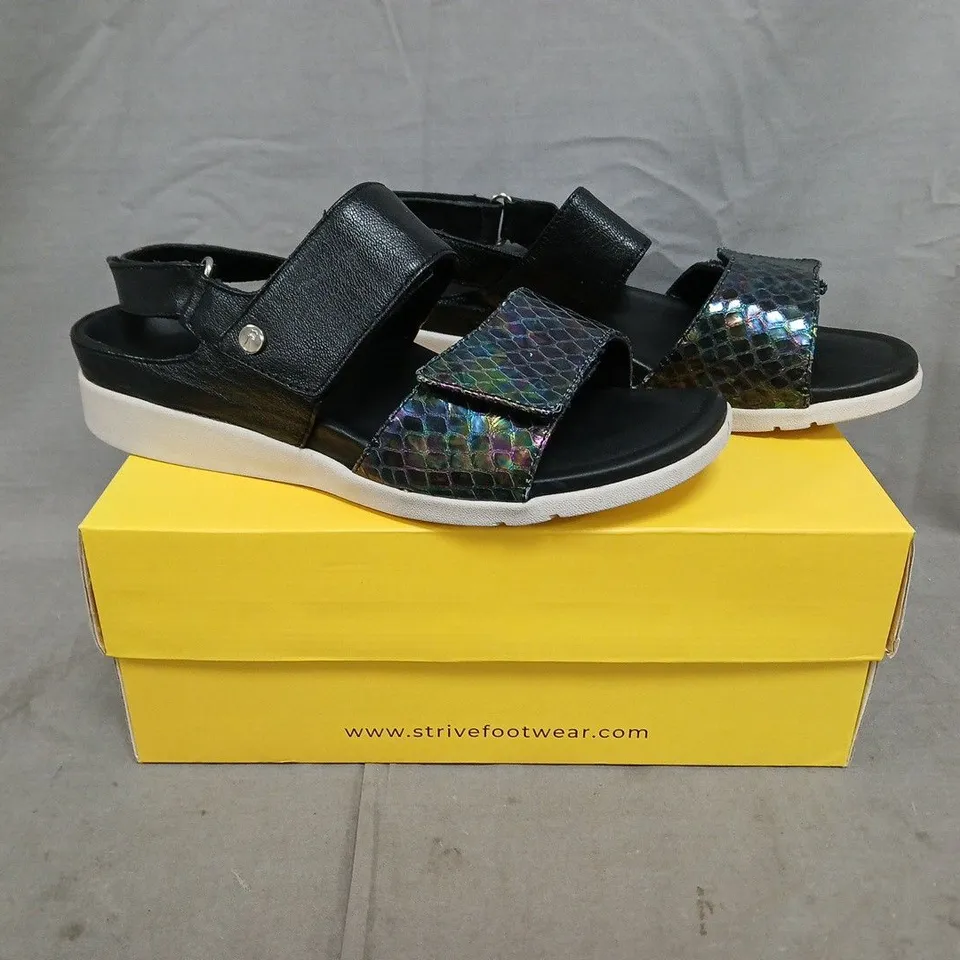 BOXED PAIR OF STRIVE RIVIERA II SANDALS IN BLACK/SNAKE SIZE UK 6