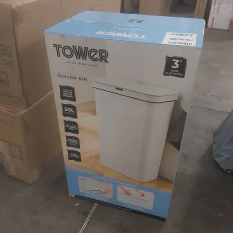 BOXED TOWER 50 LITRE SENSOR BIN IN WHITE