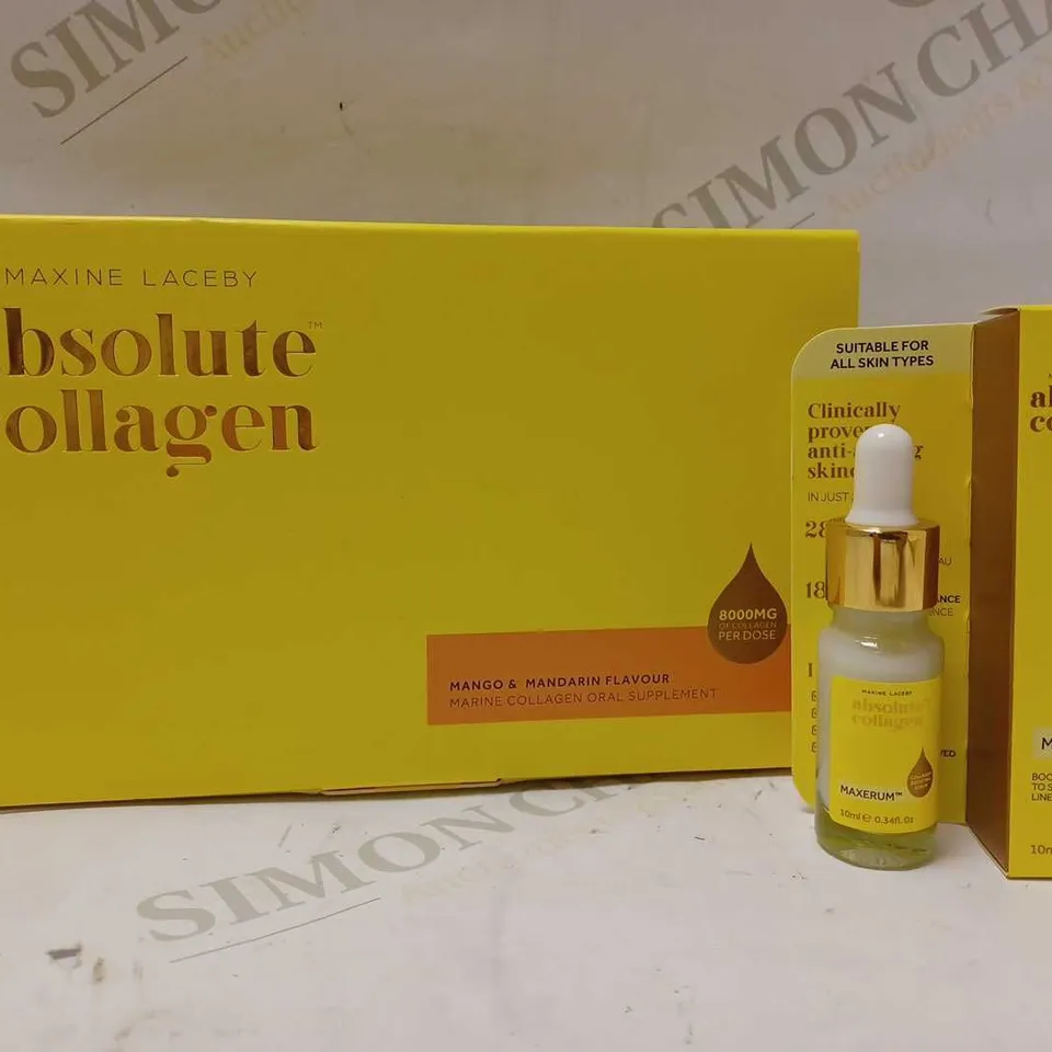 LOT OF 2 MAXINE LACEBY ABSOLUTE COLLAGEN PRODUCTS TO INCLUDE MARINE LIQUID COLLAGEN SUPPLEMENT - MANGO & MANDERIN FLAVOUR & COLLAGEN HYALURONIC ACID BOOSTING SERUM 10ML