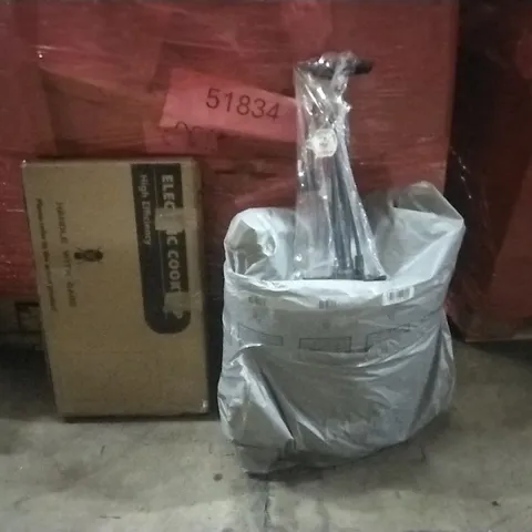 PALLET OF ASSORTED PRODUCTS AND HOUSEHOLD GOODS TO INCLUDE;ELECTRIC COOKER TOP,BIKE PUMP,LARGE DOG BED