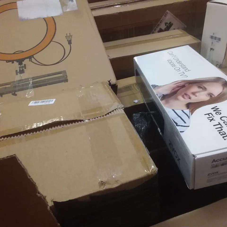 PALLET OF ASSORTED ITEMS INCLUDING HONEYWELL TOWER FAN, RING LIGHT, ICE MAKER, ACCUVOICE TV SPEAKER