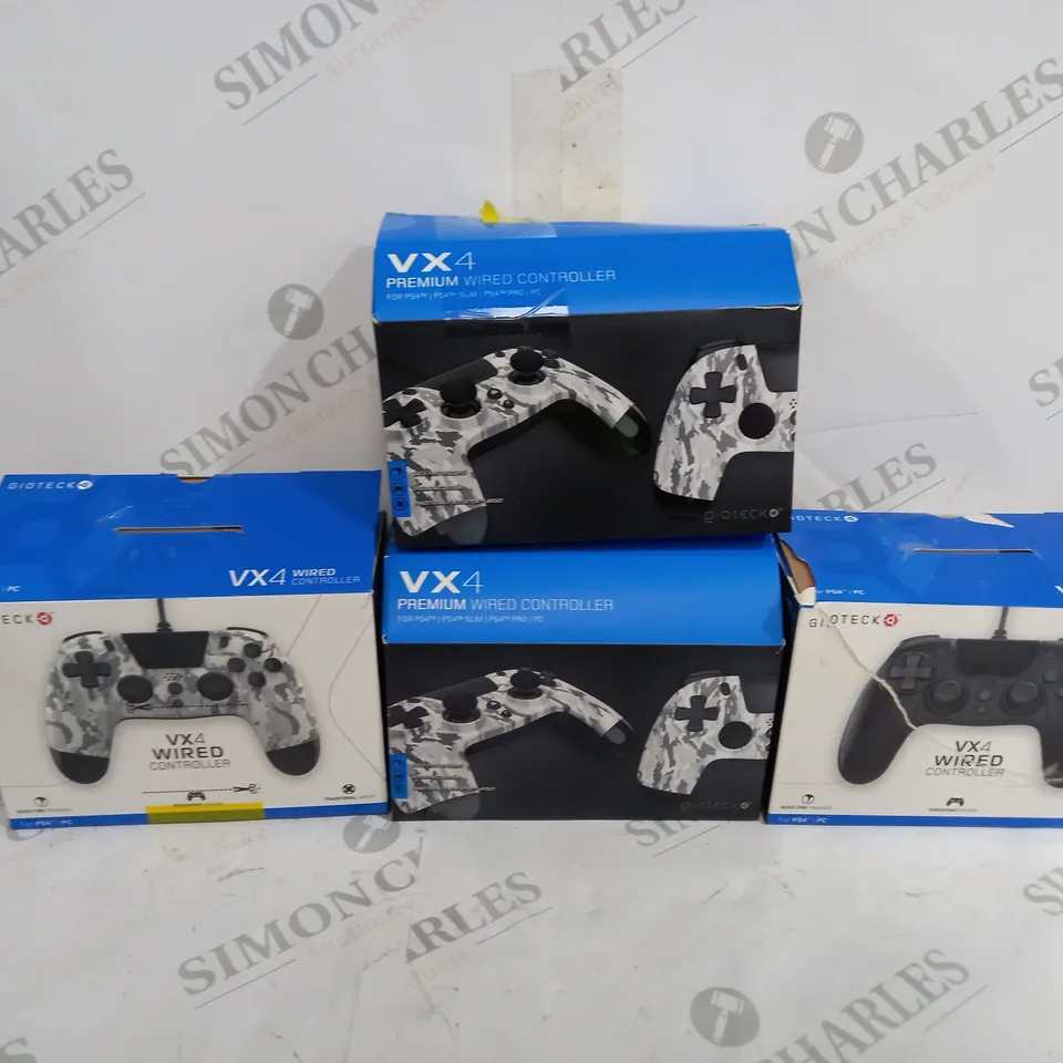 BOX OF FOUR ASSORTED WIRED CONTROLLERS FOR PS4 INCLUDING BLACK AND CAMO PRINT