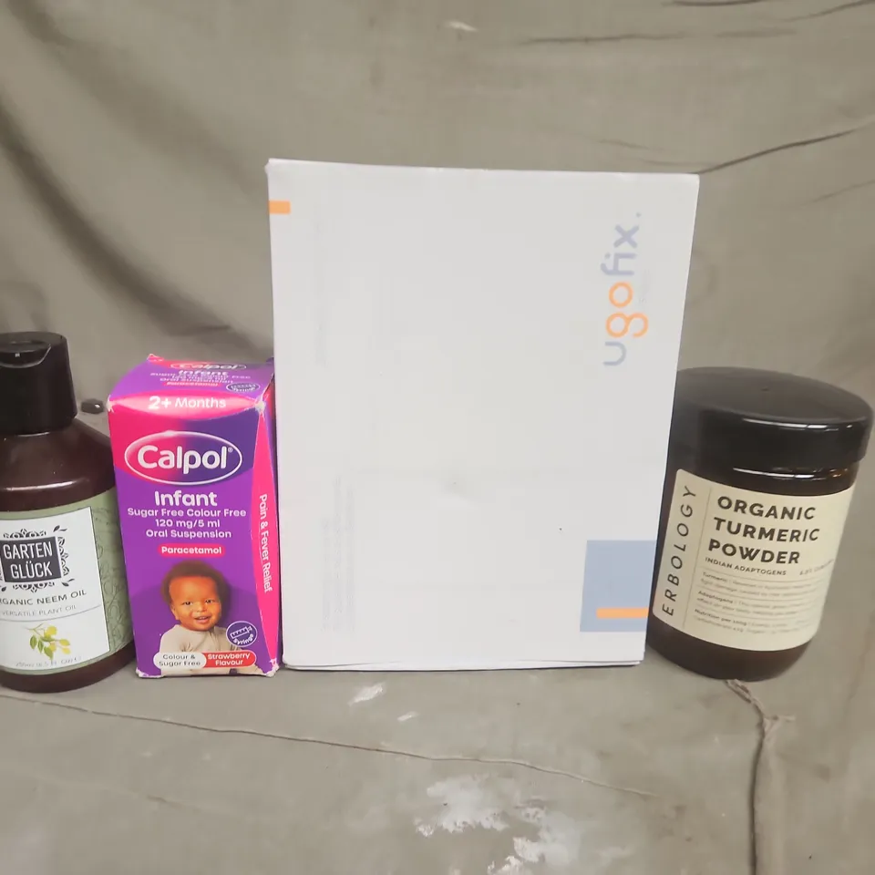 APPROX 5 ASSORTED ITEMS TO INCLUDE - CALPOL INFANT SUSPENSION (2+ MONTHS) + GARTEN GLÜCK ORGANIC NEEM OIL + ORGANIC TURMERIC POWDER + USOFIX BOX 