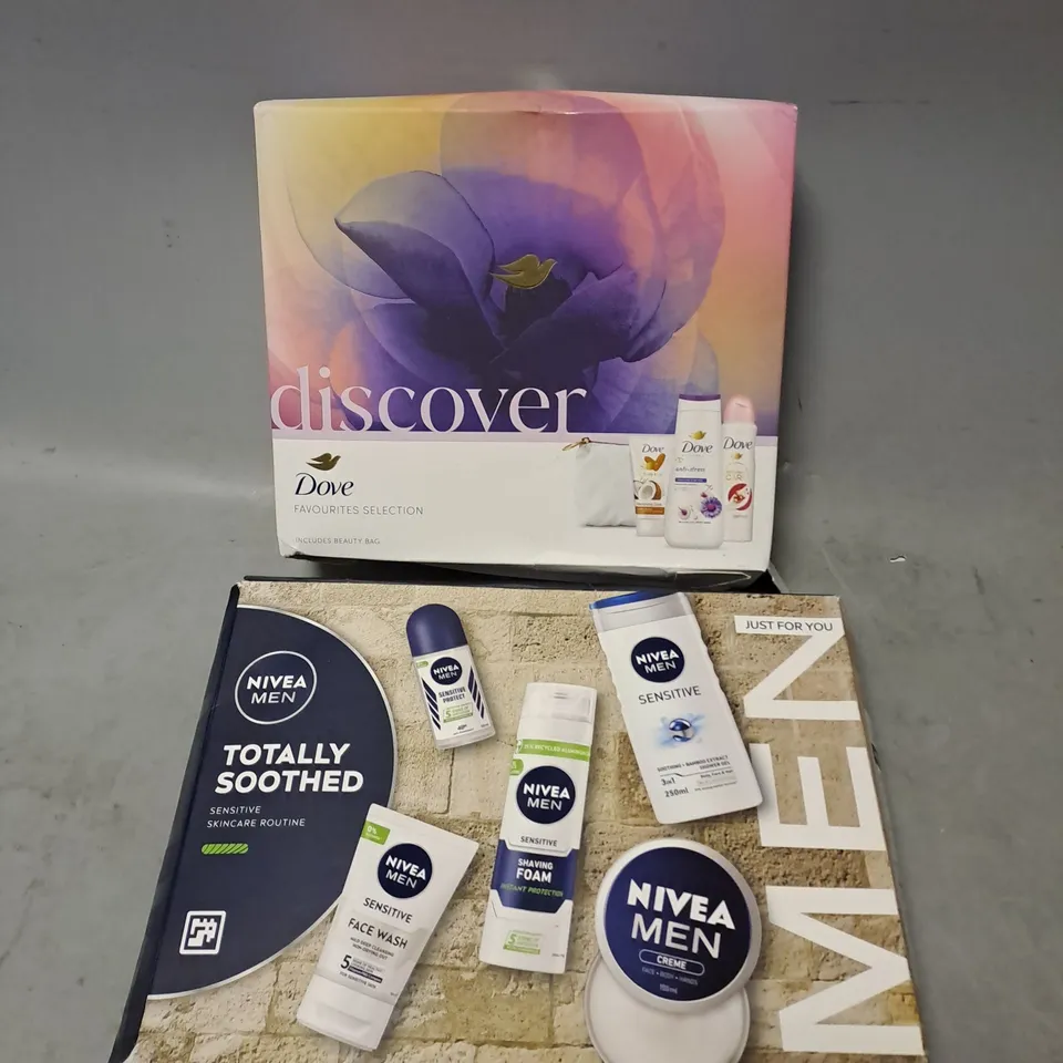 APPROXIMATELY 2 ASSORTED COSMETIC BOXSETS TO INCLUDE - DOVE DISCOVER FAVOURITES SELECTION - NIVEA MEN SENSITIVE SKINCARE ROUTINE