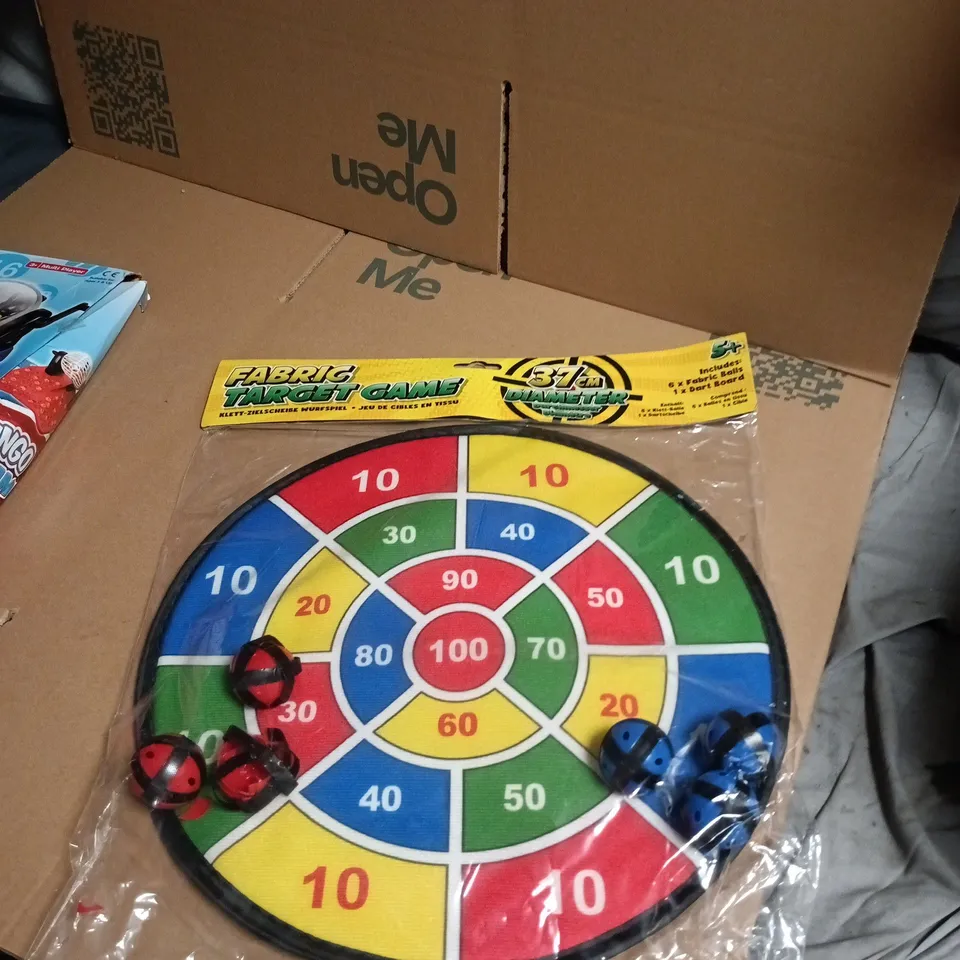 BOX OF APPROXIMATELY 15 ASSORTED TOYS INCLUDING BINGO GAME , FABRIC TARGET GAME AND POUND & BALL 