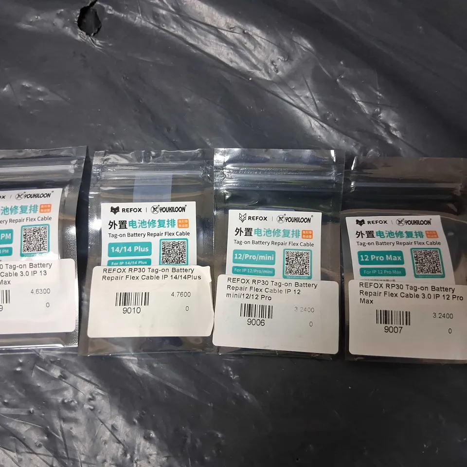 APPROXIMATELY 300 REFOX RP30 TAG ON BATTERY REPAIR FLEX CABLE FOR ASSORTED PHONES TO INCLDE; IP 13 PRO/13 PRO MAX, IP 14/14 PLUS, IP 12 MINI/12/12 PRO, 12 PRO MAX