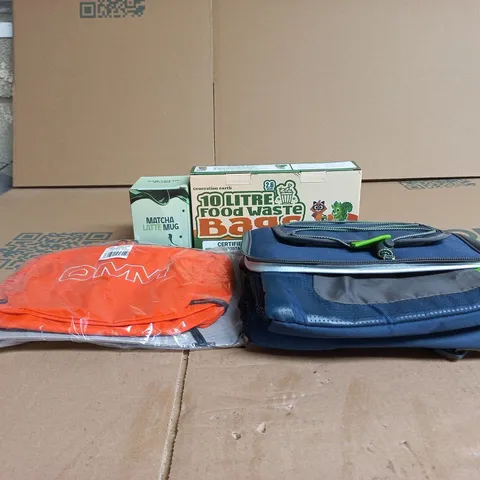 BOX OF APPROXIMATELY 25 ASSORTED ITEMS TO INCLUDE MATCHA LATTE MUM, 10L FOOD WASTE BAG, OMM CHEST POD, BAG ETC