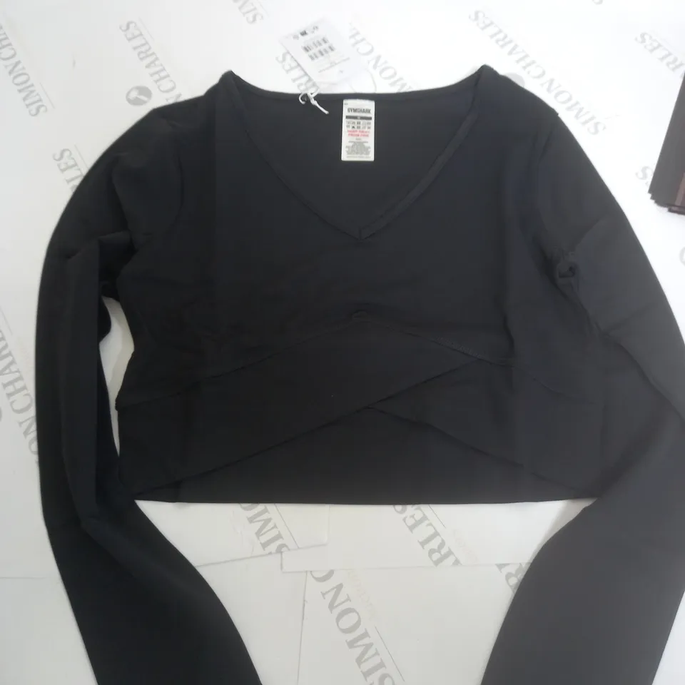GYMSHARK WRAP LONG SLEEVE CROP TOP IN BLACK - M