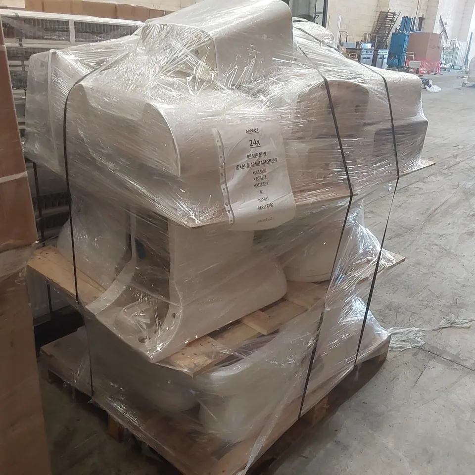 PALLET CONTAINING APPROXIMATELY 24x IDEAL & ARMITAGE SHANK CERAMIC TOILET CISTERNS & BASINS