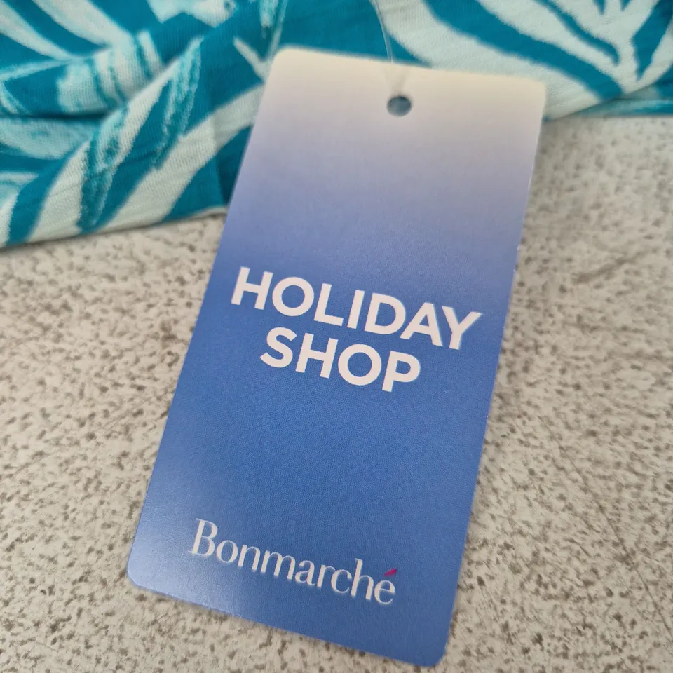 BONMARCHÉ WOMEN’S DRESS – TURQUOISE TROPICAL LEAF PRINT, UK 12