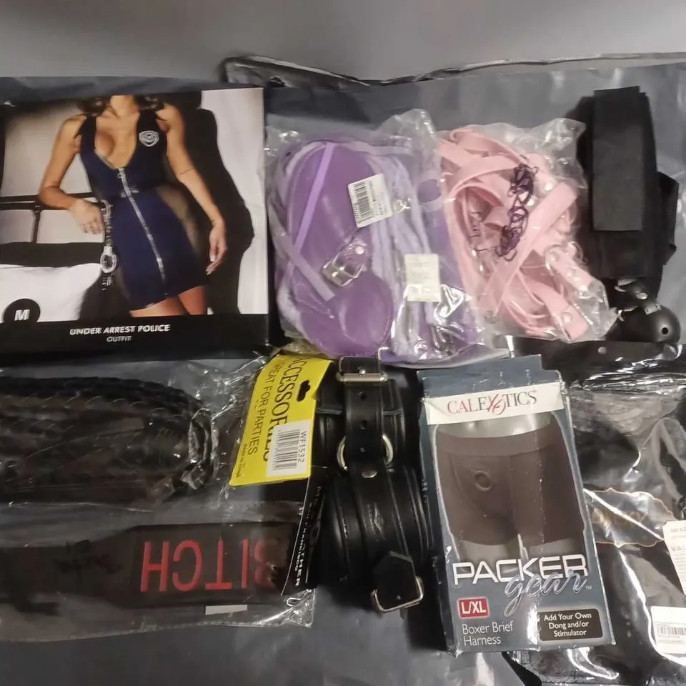 LOT OF ASSORTED SEXUAL PLEASURE DRESS UP AND BONDAGE ITEMS TO INCLUDE BALL GAGS, OUTFIT STRAPS AND WHIPS