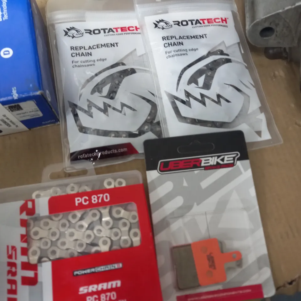 LOT OF APPROXIMATELY 20 ASSORTED ITEMS TO INCLUDE ROTATECH REPLACEMENT CHAINS, SRAM 8-SPEED CHAIN, INNER TUBE AND VEHICLE PARTS