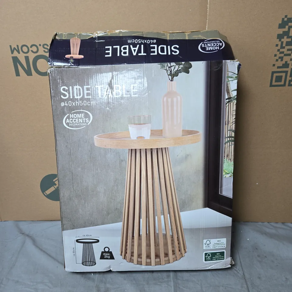 HOME ACCENTS SIDE TABLE – ROUND WOODEN SLATTED PEDESTAL, 40CM DIAMETER X 50CM HIGH