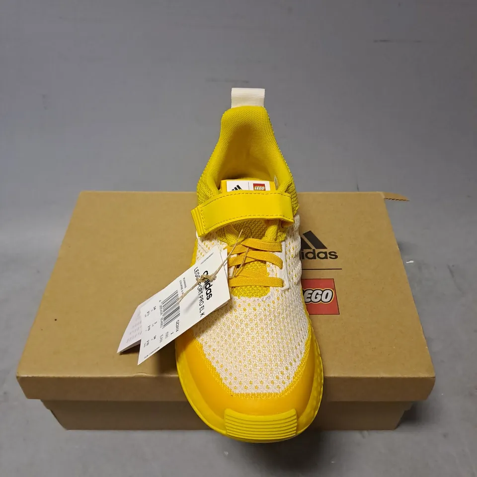 BOXED PAIR OF ADIDAS X LEGO SPORT PRO TRAINERS IN YELLOW SIZE 2